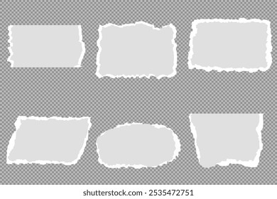 Coleção de tiras de papel rasgado ou rasgado realista branco com bordas grunge. Página do bloco de anotações rasgada ou nota de sucata com borda danificada. clip-art jornal pegajoso com pintura pincel traçado textura. Banner rasgado.