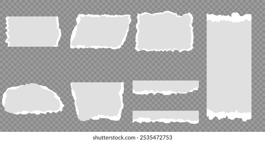 White realistic torn or ripped paper strip collection with grunge edges. Torn notebook page or scrap note with damaged border. Sticky newspaper clip art with paint brush stroke texture. Ripped banner.