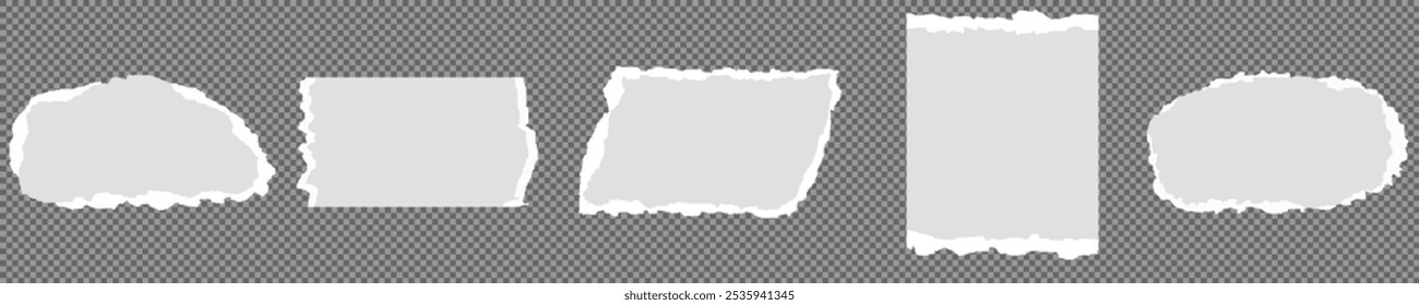 Coleção de tiras de papel rasgado ou rasgado realista branco com bordas grunge. Página do bloco de anotações rasgada ou nota de sucata com borda danificada. clip-art jornal pegajoso com pintura pincel traçado textura. Banner rasgado.