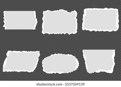 Coleção de tiras de papel rasgado ou rasgado realista branco com bordas grunge. Página do bloco de anotações rasgada ou nota de sucata com borda danificada. clip-art jornal pegajoso com pintura pincel traçado textura. Banner rasgado.