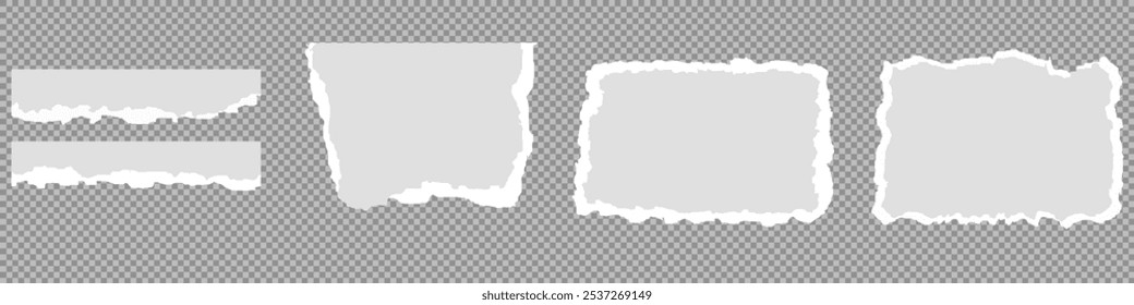 White realistic torn or ripped paper strip collection with grunge edges. Torn notebook page or scrap note with damaged border. Sticky newspaper clip art with paint brush stroke texture. Ripped banner.