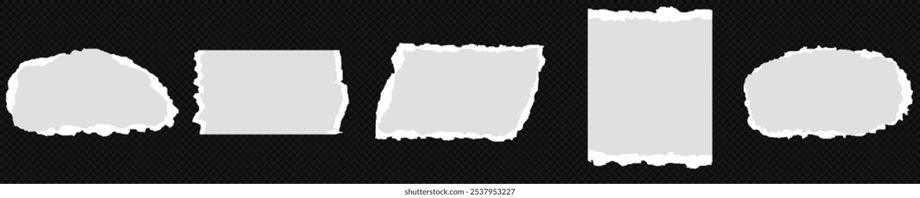 Coleção de tiras de papel rasgado ou rasgado realista branco com bordas grunge. Página do bloco de anotações rasgada ou nota de sucata com borda danificada. clip-art jornal pegajoso com pintura pincel traçado textura. Banner rasgado.