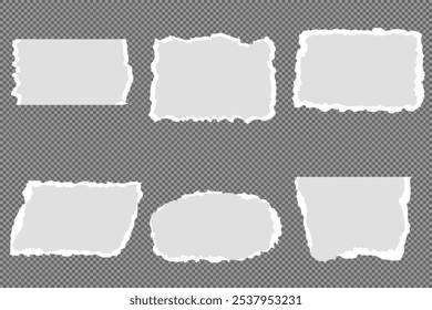 Coleção de tiras de papel rasgado ou rasgado realista branco com bordas grunge. Página do bloco de anotações rasgada ou nota de sucata com borda danificada. clip-art jornal pegajoso com pintura pincel traçado textura. Banner rasgado.