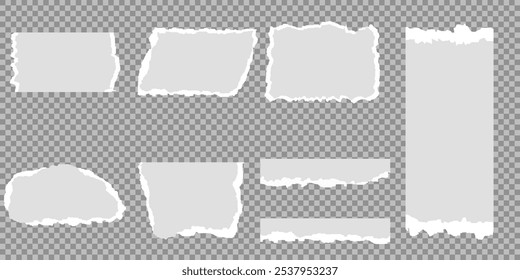 Coleção de tiras de papel rasgado ou rasgado realista branco com bordas grunge. Página do bloco de anotações rasgada ou nota de sucata com borda danificada. clip-art jornal pegajoso com pintura pincel traçado textura. Banner rasgado.