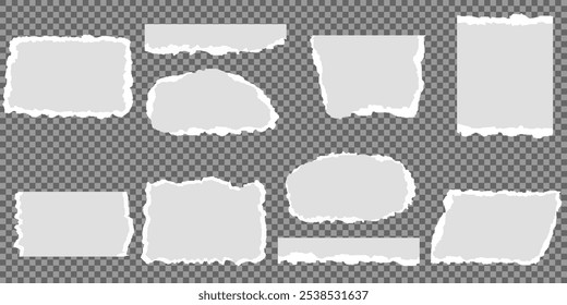 Coleção de tiras de papel rasgado ou rasgado realista branco com bordas grunge. Página do bloco de anotações rasgada ou nota de sucata com borda danificada. clip-art jornal pegajoso com pintura pincel traçado textura. Banner rasgado.