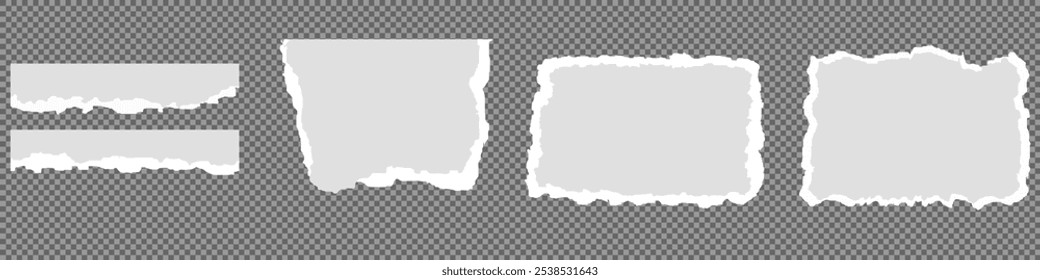 Coleção de tiras de papel rasgado ou rasgado realista branco com bordas grunge. Página do bloco de anotações rasgada ou nota de sucata com borda danificada. clip-art jornal pegajoso com pintura pincel traçado textura. Banner rasgado.