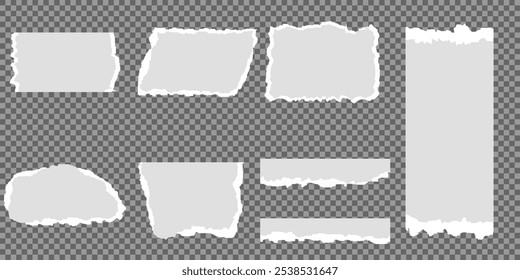 Coleção de tiras de papel rasgado ou rasgado realista branco com bordas grunge. Página do bloco de anotações rasgada ou nota de sucata com borda danificada. clip-art jornal pegajoso com pintura pincel traçado textura. Banner rasgado.