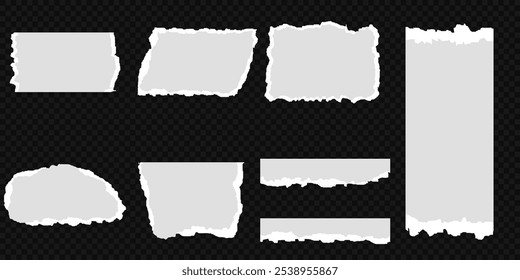 Coleção de tiras de papel rasgado ou rasgado realista branco com bordas grunge. Página do bloco de anotações rasgada ou nota de sucata com borda danificada. clip-art jornal pegajoso com pintura pincel traçado textura. Banner rasgado.