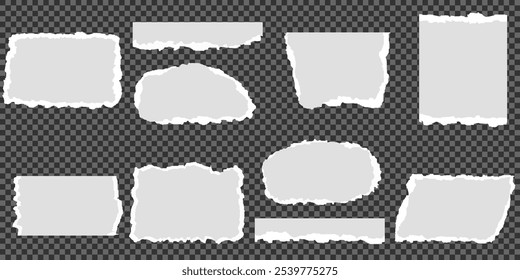 Coleção de tiras de papel rasgado ou rasgado realista branco com bordas grunge. Página do bloco de anotações rasgada ou nota de sucata com borda danificada. clip-art jornal pegajoso com pintura pincel traçado textura. Banner rasgado.