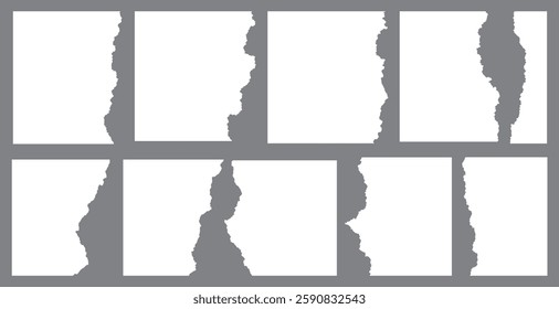 White realistic torn or ripped paper strip collection with grunge edges. Rips paper texture vector art background