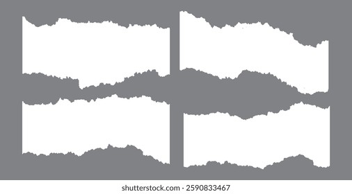 White realistic torn or ripped paper strip collection with grunge edges. Rips paper texture vector art background