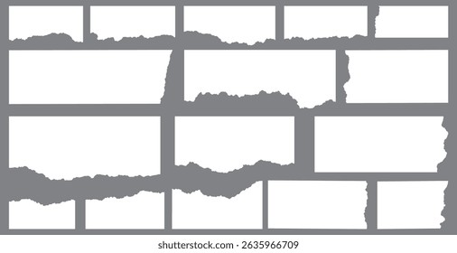 White realistic torn or ripped paper strip collection with grunge edges. Rips paper texture vector art background