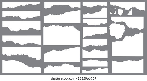 White realistic torn or ripped paper strip collection with grunge edges. Rips paper texture vector art background