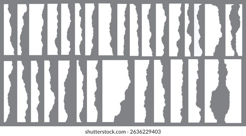 White realistic torn or ripped paper strip collection with grunge edges. Rips paper texture vector art background	