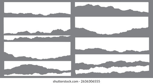 White realistic torn or ripped paper strip collection with grunge edges. Rips paper texture vector art background	