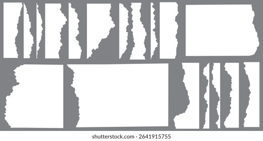 White realistic torn or ripped paper strip collection with grunge edges. Rips paper texture vector art background	