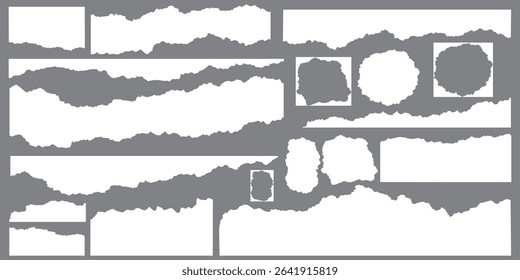 White realistic torn or ripped paper strip collection with grunge edges. Rips paper texture vector art background	