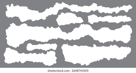 White realistic torn or ripped paper strip collection with grunge edges. Rip paper texture vector art backgroun