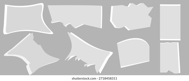 Colección de tira de papel rasgada o rasgada realista blanca con bordes grunge. Página de libreta rota o nota de desecho con borde dañado. Arte pegajoso del Clip del diario con la textura del trazo del pincel de la pintura.