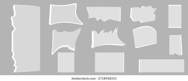 Colección de tira de papel rasgada o rasgada realista blanca con bordes grunge. Página de libreta rota o nota de desecho con borde dañado. Arte pegajoso del Clip del diario con la textura del trazo del pincel de la pintura.