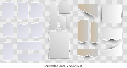 White realistic torn or ripped paper strip collection with grunge edges. Torn notebook page or scrap note with damaged border.