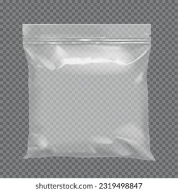 White realistic transparent Polythene bag on a transparent background. Packing for a parcel of food and other products . Mock up for brand template. Vector illustration.