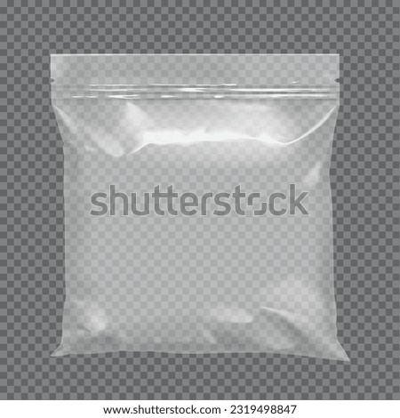 White realistic transparent Polythene bag on a transparent background. Packing for a parcel of food and other products . Mock up for brand template. Vector illustration.
