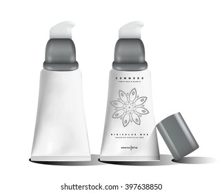 White realistic tube mock-up for cream dispenser, lotion, gel, medicine cream. Cosmetic vial with design label.