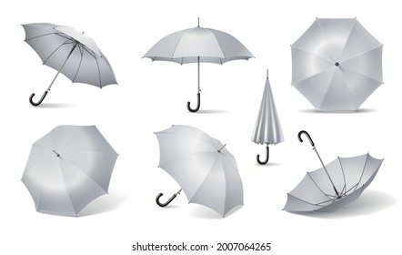 White realistic umbrella icon set with arrangement top side view bottom opened and closed vector illustration