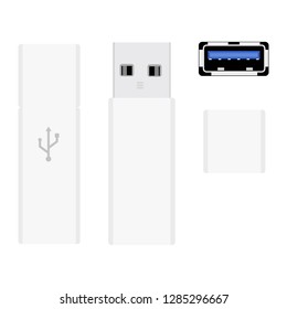 White realistic USB flash drives opened and closed vector illustration. Memory sticks and USB port