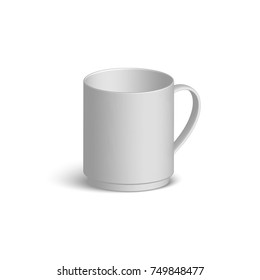 White realistic vector mug. Isolated 3d cup with shadow on white background. Vector template for Mock Up. Vector illustration