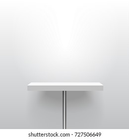 White realistic vector shelf or table on one pole stand. Empty template for product display. Advertising equipment mockup in 3d style. Exhibition furniture, isolated, light grey colored. 