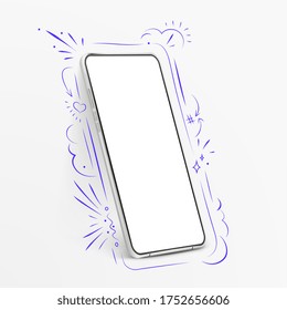 White realistic vector smartphone mockup with hand drawn elements. 3d mobile phone with blank white screen. Modern cell phone template and doodles elements. Illustration of device 3d screen