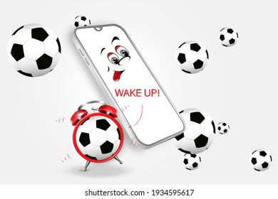 White realistic vector smartphone mockup. Mobile phone 3d with blank white screen. Modern mockup of mobile phone template in abstract scene with soccer balls and alarm clock.