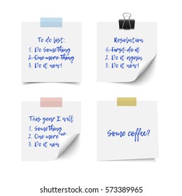 White realistic vector sticky notes with shadow and text isolated on white background. Post it paper for to do list, checklist, reminder