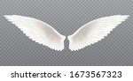 White realistic wings. Pair of white isolated angel style wings with feathers on transparent background, bird wings design - stock vector