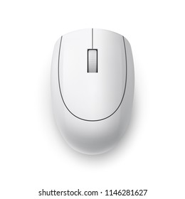 White Realistic Wireless Computer Mouse. Top View. Matte Finish Soft Touch on White