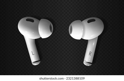 White realistic wireless earphones. Left and right headset lying on the dark transparent background dropping shadows. 3d vector illustration.