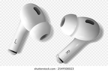 White realistic wireless earphones. Left and right bluetooth airpods ilying on the semi transparent background dropping shadows. 3d vector illustration.