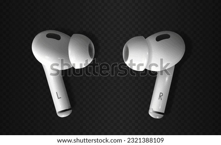 White realistic wireless earphones. Left and right headset lying on the dark transparent background dropping shadows. 3d vector illustration.