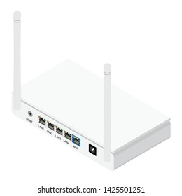 White realistic wireless router with the antenna isometric view. Wi-Fi router detailed