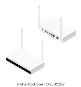 White realistic wireless router with the antenna front and back isometric view. Wi-Fi router detailed