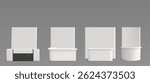 White reception desk set - curved modern counters of different shapes. Glossy minimalist office furniture set, sleek contemporary business decor. Modular configurations of stylish lobby area design.