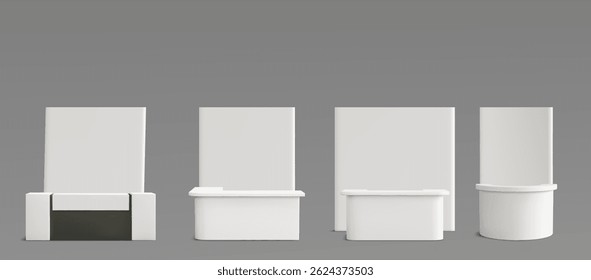 Conjunto de mesa de recepção branca - contadores modernos curvos de diferentes formas. Conjunto de móveis de escritório minimalista brilhante, elegante decoração de negócios contemporânea. Configurações modulares de design elegante área de lobby.