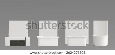 White reception desk set - curved modern counters of different shapes. Glossy minimalist office furniture set, sleek contemporary business decor. Modular configurations of stylish lobby area design.
