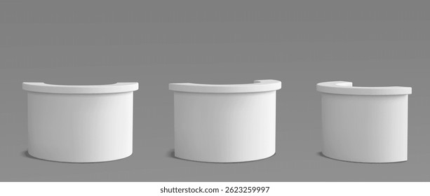 Conjunto de balcões de recepção brancos, mesa de contador curva em vários ângulos. Mobília de escritório moderna brilhante, elemento de design de interiores de negócios contemporâneos. Área de informações de configurações de módulos em estilo minimalista.