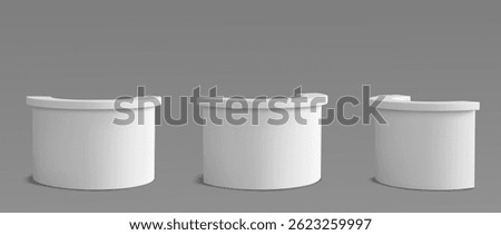 White reception desks set, curved counter table in various angles. Glossy modern office furniture, contemporary business interior design element. Modules configurations info area in minimalist style.