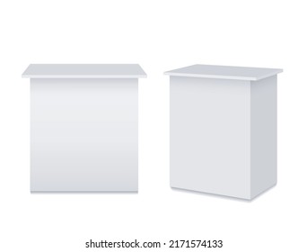 White reception Mockup, information stands, exhibition booths. Mobile counters for helping service desk, retail trade, promotion, advertising, pos, poi. Vector realistic. Two Blank templates. EPS10.