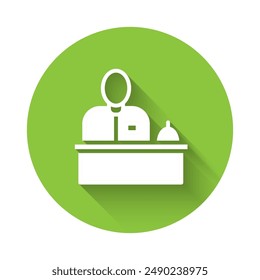 White Receptionist standing at hotel reception desk icon isolated with long shadow. Green circle button. Vector