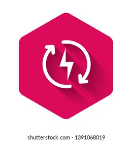 White Recharging icon isolated with long shadow. Electric energy sign. Pink hexagon button. Vector Illustration